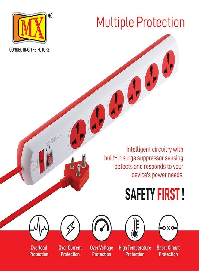 ام كي شريط طاقة MX بستة منافذ مع مقبس عالمي، مفتاح رئيسي، فيوز، مؤشر LED، حماية من ارتفاع التيار، لوحة تمديد، كشف تلقائي لتوصيل الأسلاك، طول 5 أمتار - Image 4